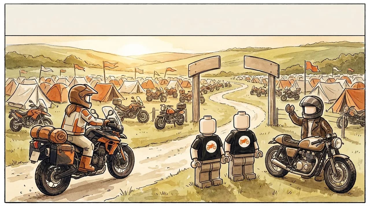 Mara rides into the ABR festival on her adventure bike as Den waves hello.