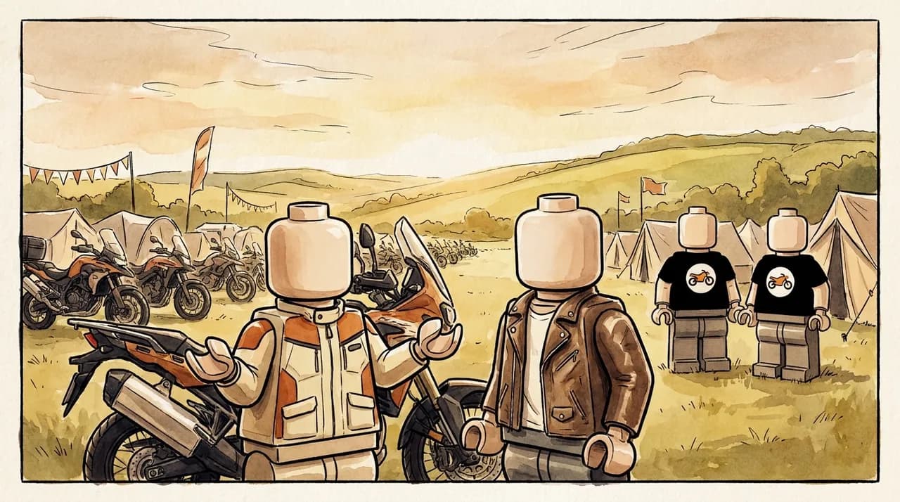 Mara asks Den a question between their parked motorcycles.