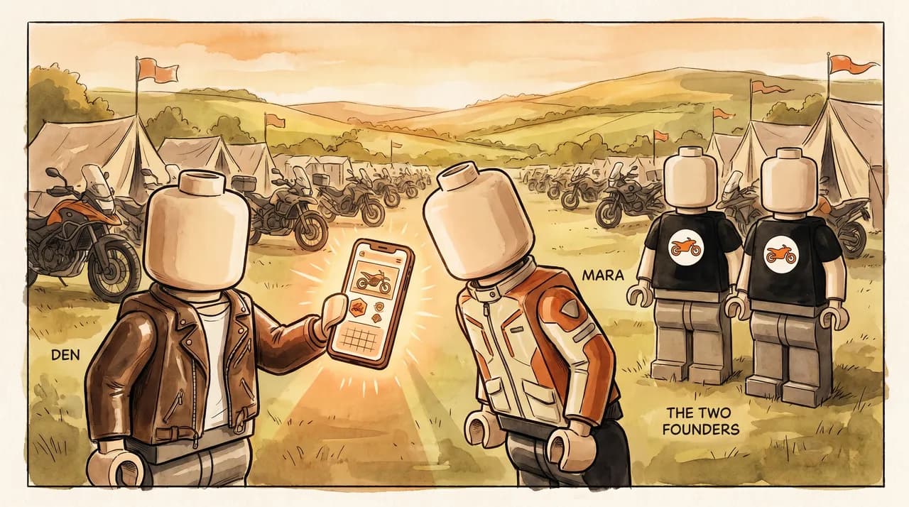 Den proudly shows his Rider Card on his phone to Mara.