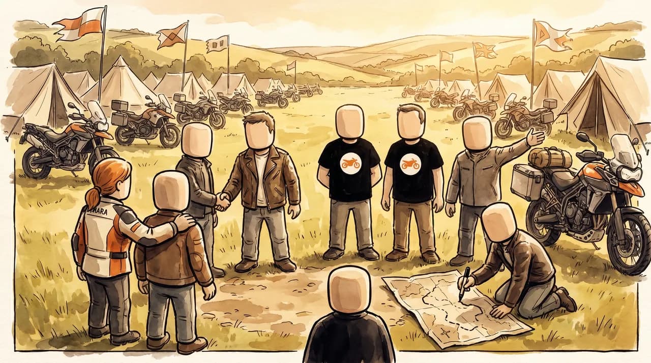 A circle of riders contribute together - sketching routes, sharing builds.