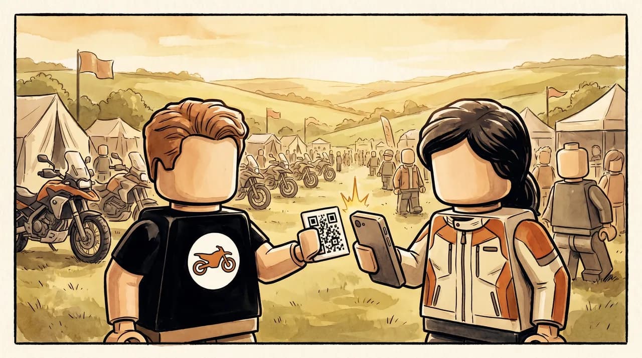 A founder pulls a QR card from their pocket and a rider scans it.