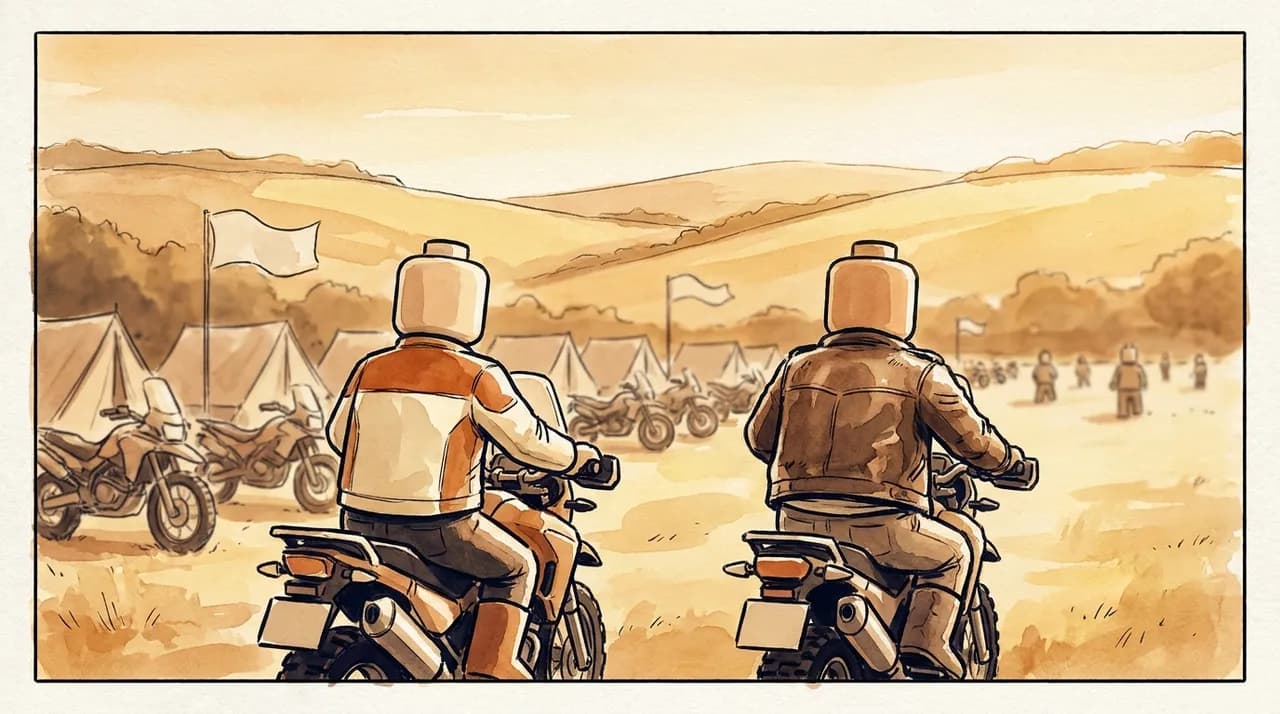 Mara and Den ride off together toward golden-hour hills.