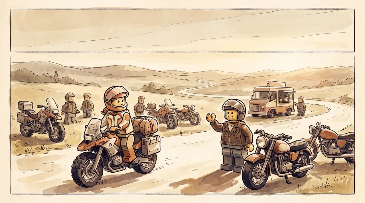 Mara rides up to a roadside riders' meet-up on her adventure bike as Den waves hello.