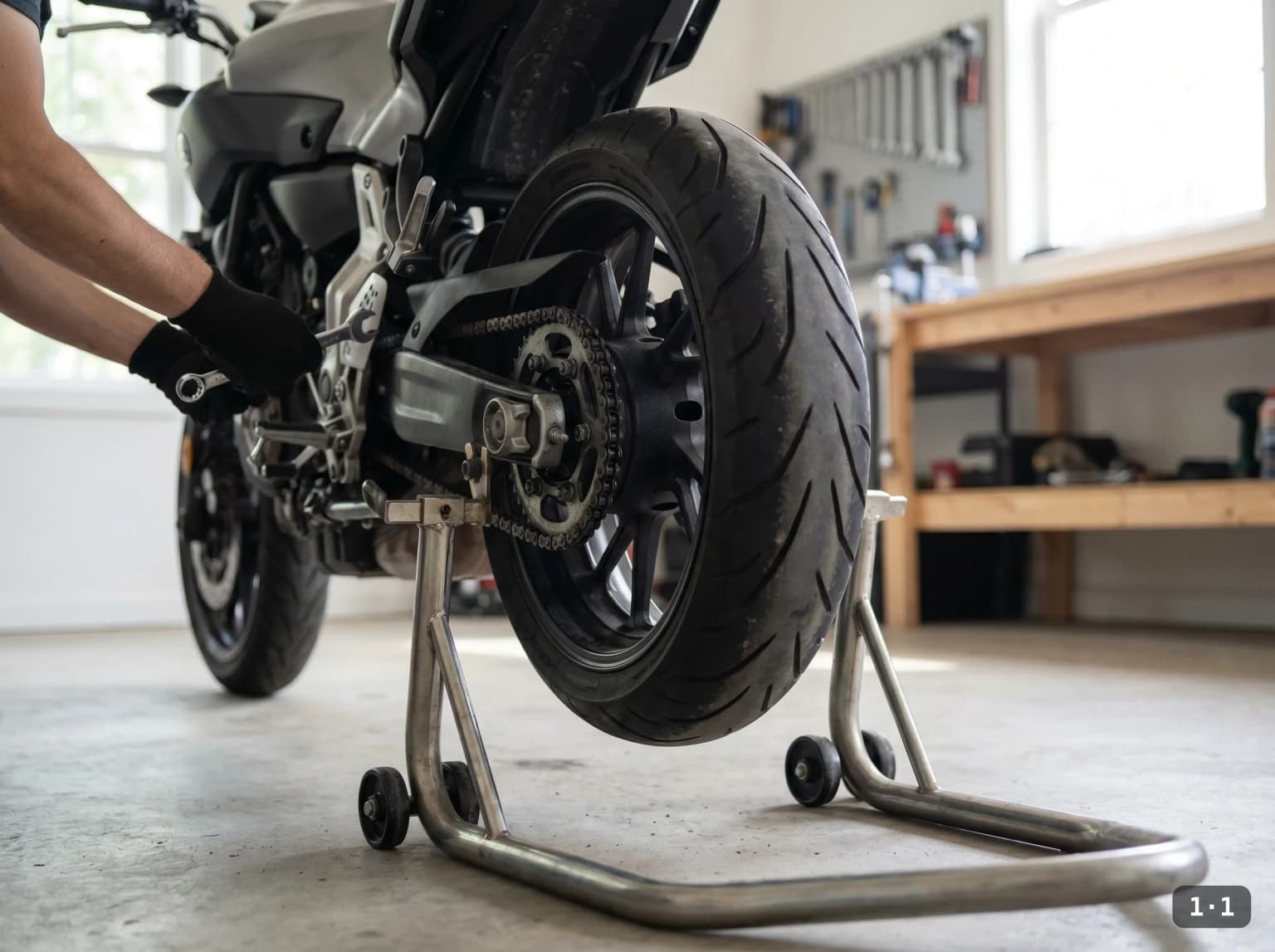 Rear wheel raised so it spins freely.
