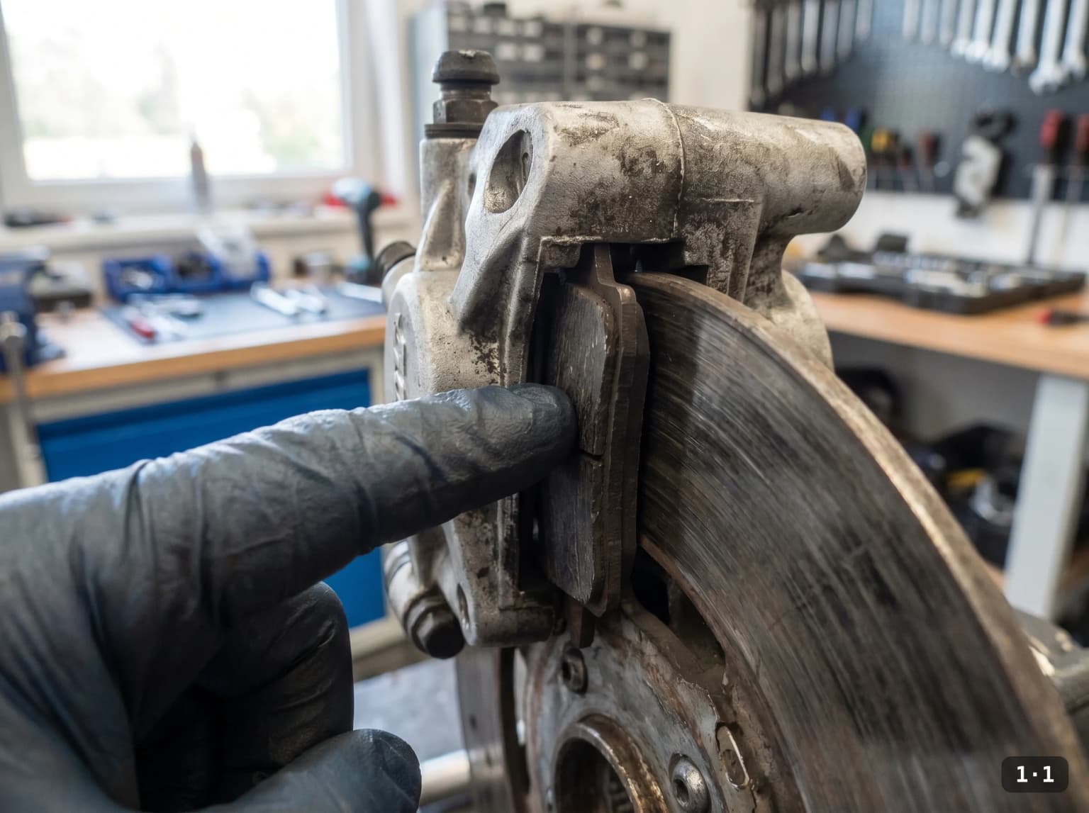 Checking remaining friction material through the caliper.