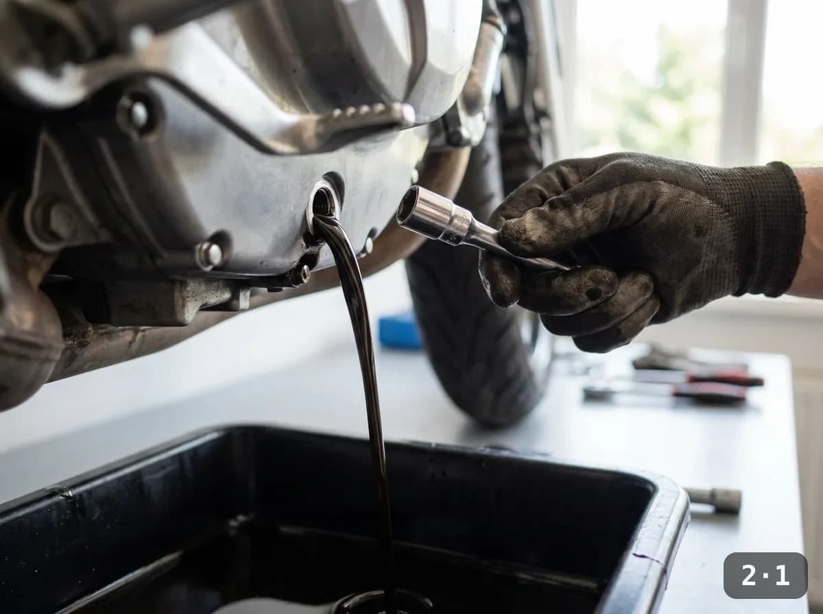 Old oil draining from the sump into the pan.
