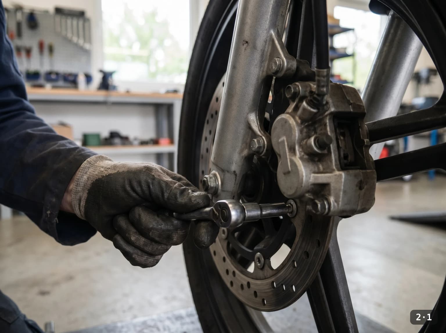 Lifting the caliper clear of the disc.