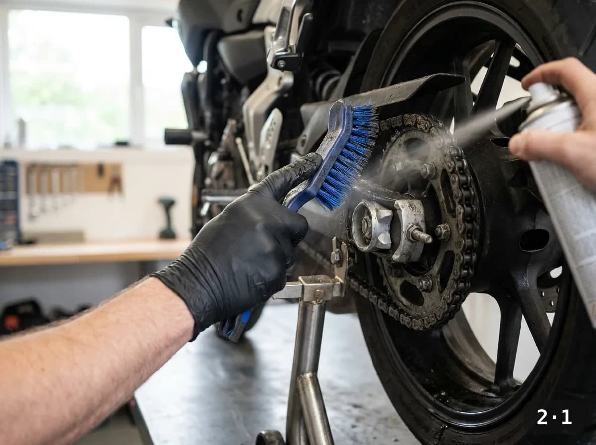 Scrubbing the chain with the wheel turned by hand.