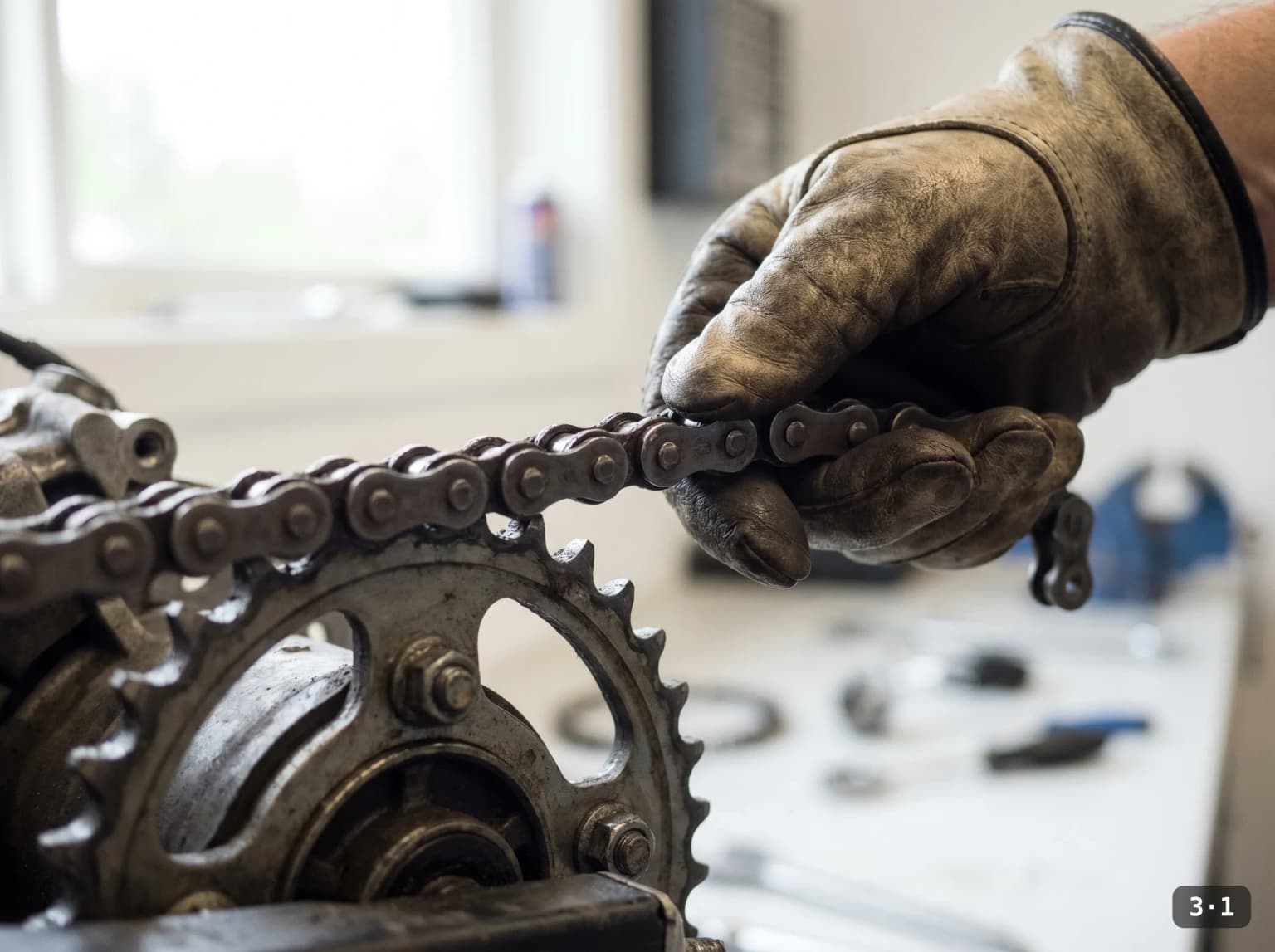 Lifting a link off the rear sprocket to gauge wear.