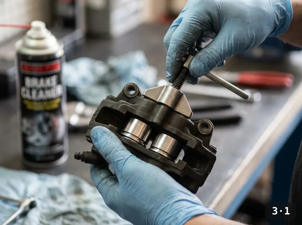 Spreading the pistons back to make room for new pads.