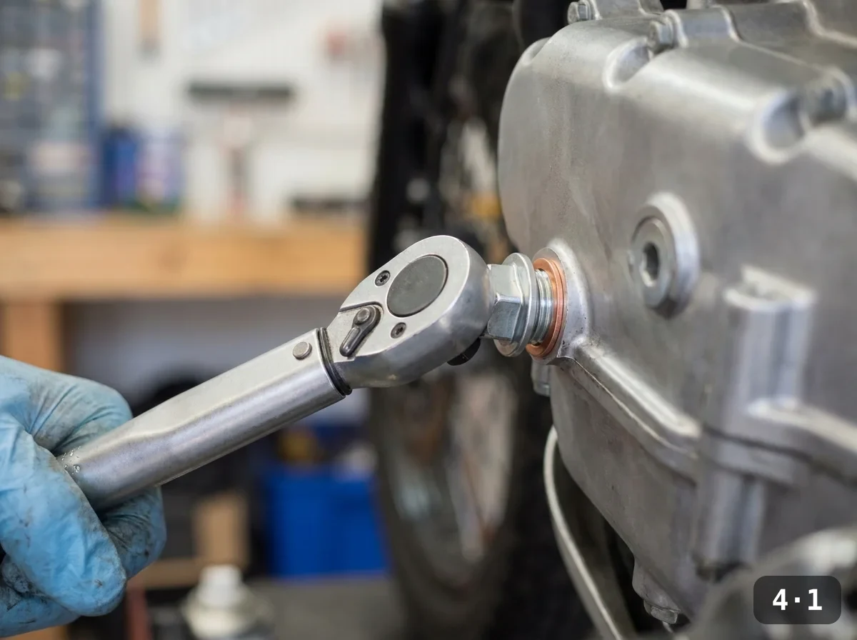 Torquing the drain plug onto a fresh crush washer.