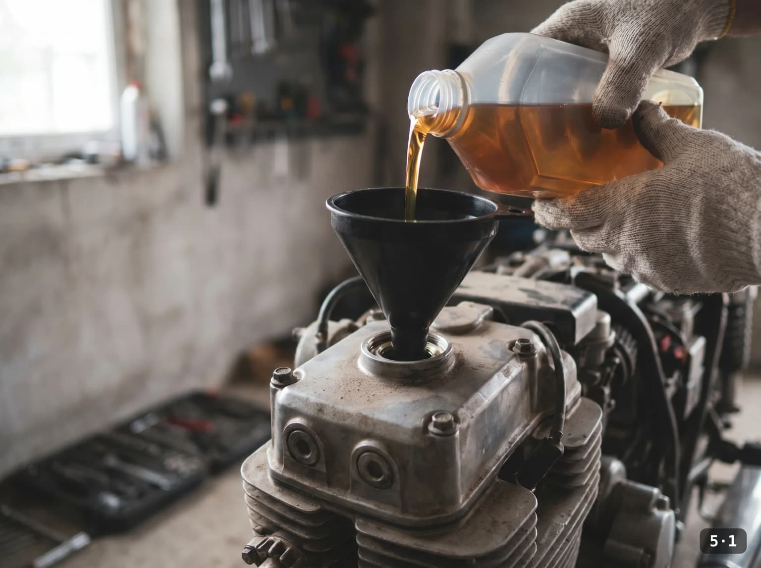 Filling through a funnel — add most, then top up to the mark.