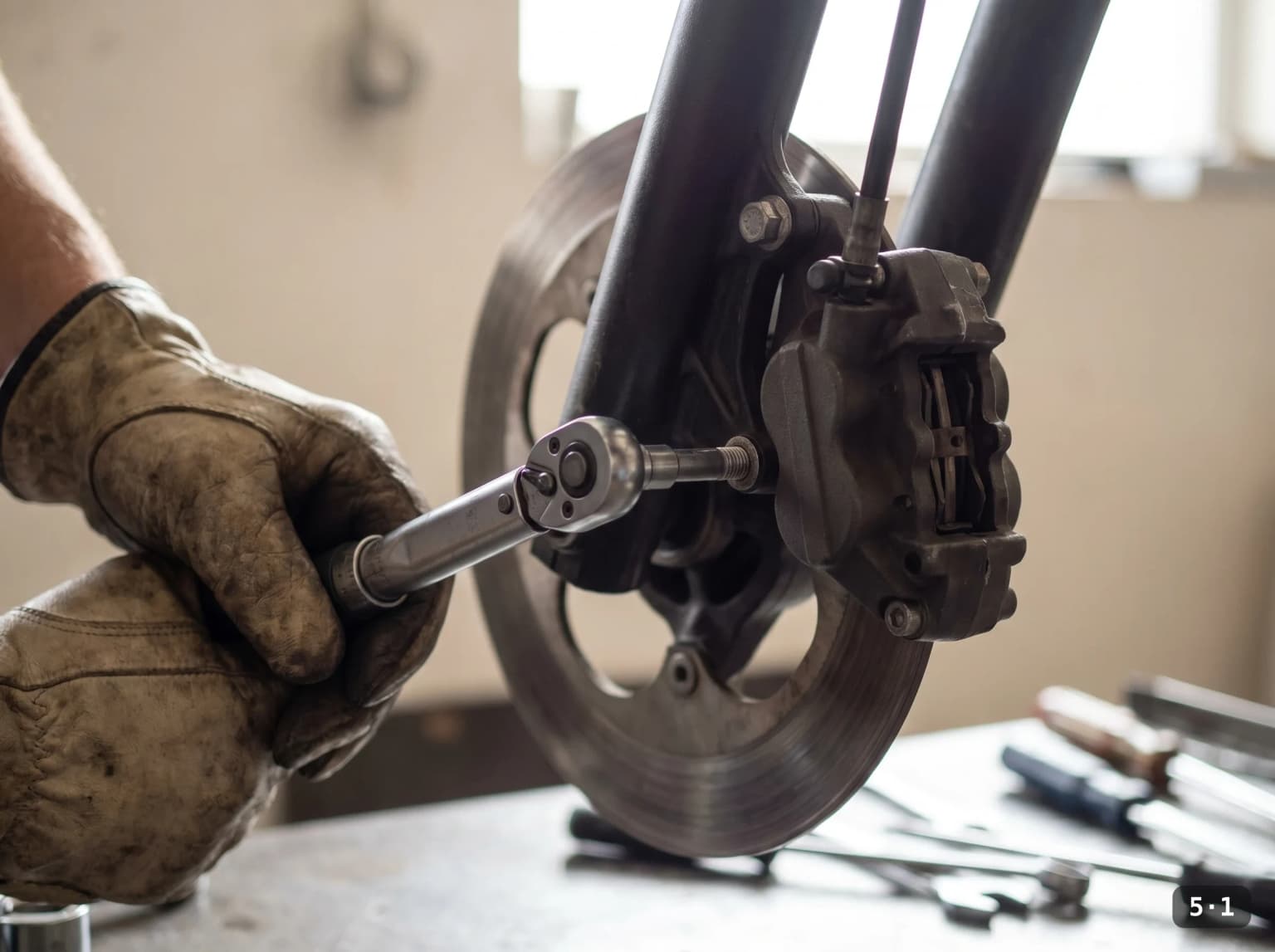 Torquing the caliper mounting bolts back to spec.