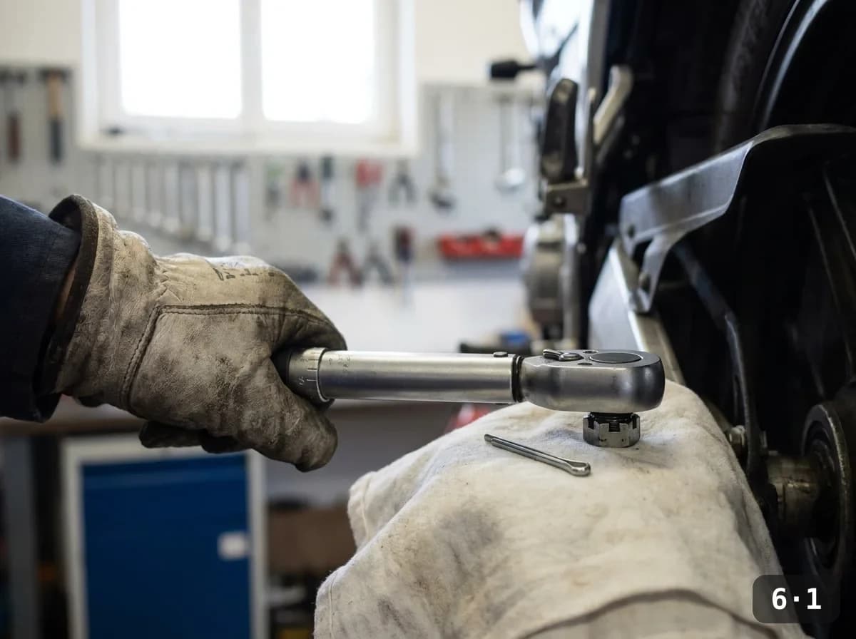 Torquing the axle nut before fitting a fresh cotter pin.
